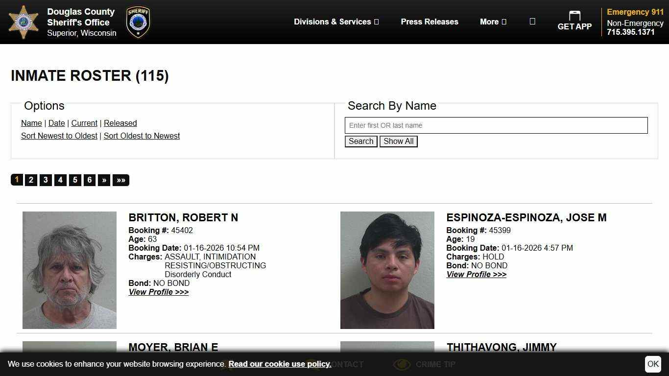 Inmate Roster | Douglas County Sheriff WI | Sort Booking Time - Descending | Page 1